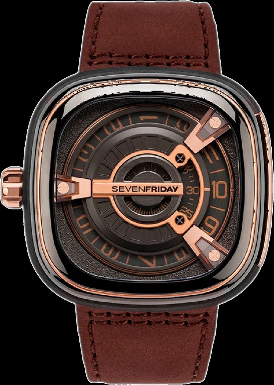 Montre Homme Sevenfriday M2/02 Automatique - Boîtier Acier PVD Or Rose, Cadran 47mm, Bracelet Cuir Marron