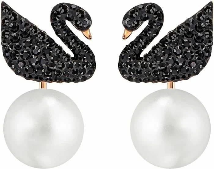 Boucles d'oreilles Swarovski Iconic Swan Lake 5193949 en plaqué or rose, cristaux noirs et perle blanche pour femme