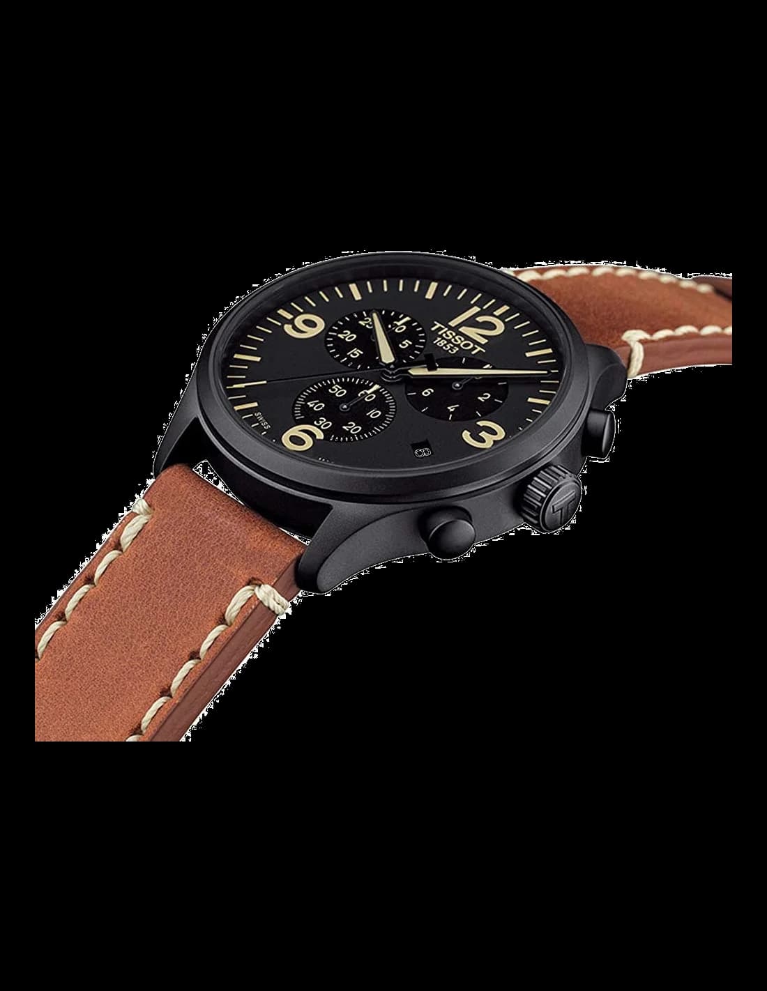 Visage cadran Tissot T1166173605700 détail des compteurs chronographe 30mn et 1/10e seconde, guichet date à 4h30 et échelle tachymétrique sur réhaut