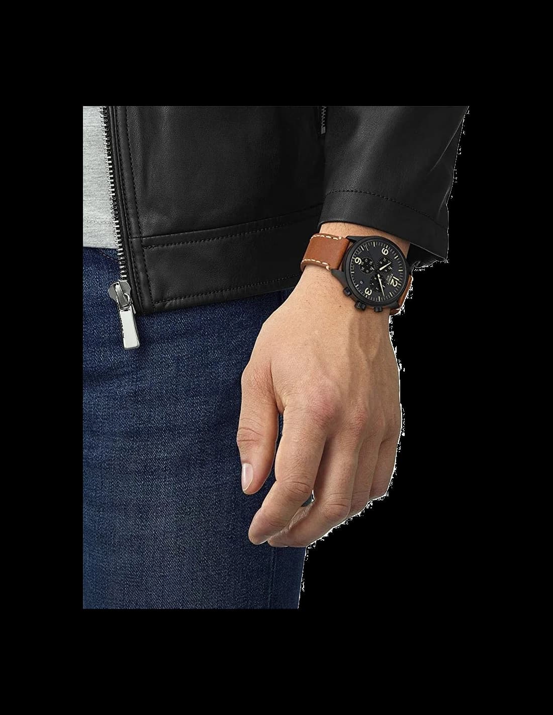Attache bracelet Tissot T1166173605700 en cuir brun grainé avec coutures contrastées, fermoir déployant à double poussoirs en acier inoxydable, boucle signée Tissot
