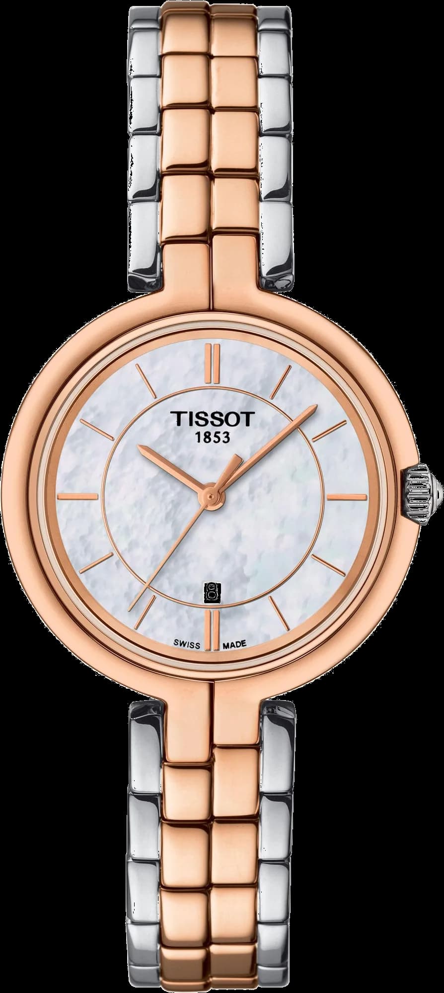 Garde-temps Tissot T094.210.22.111.00 présentant un cadran en nacre blanc irisé avec index appliques dorés et aiguilles fines en acier
