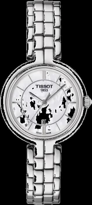 Garde-temps Tissot T094.210.11.111.00 au cadran nacre irisé, aiguilles bâtons et index appliqués pour un style classique