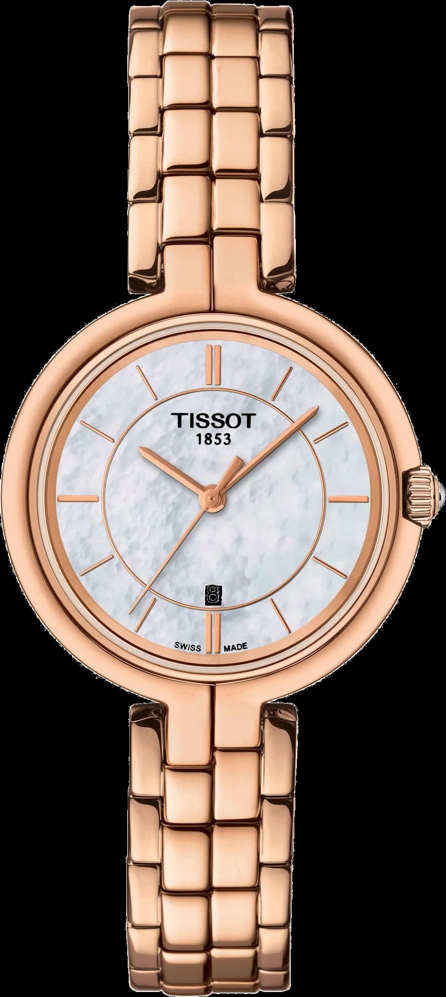 Garde-temps Tissot T094.210.33.111.01 avec cadran nacre irisé, aiguilles dorées et index bâtons sous verre saphir pour un style élégant féminin