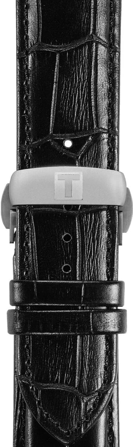 Attache bracelet Tissot T0354101605100 en cuir noir cousu main avec fermoir déployant, confort et robustesse pour un port quotidien