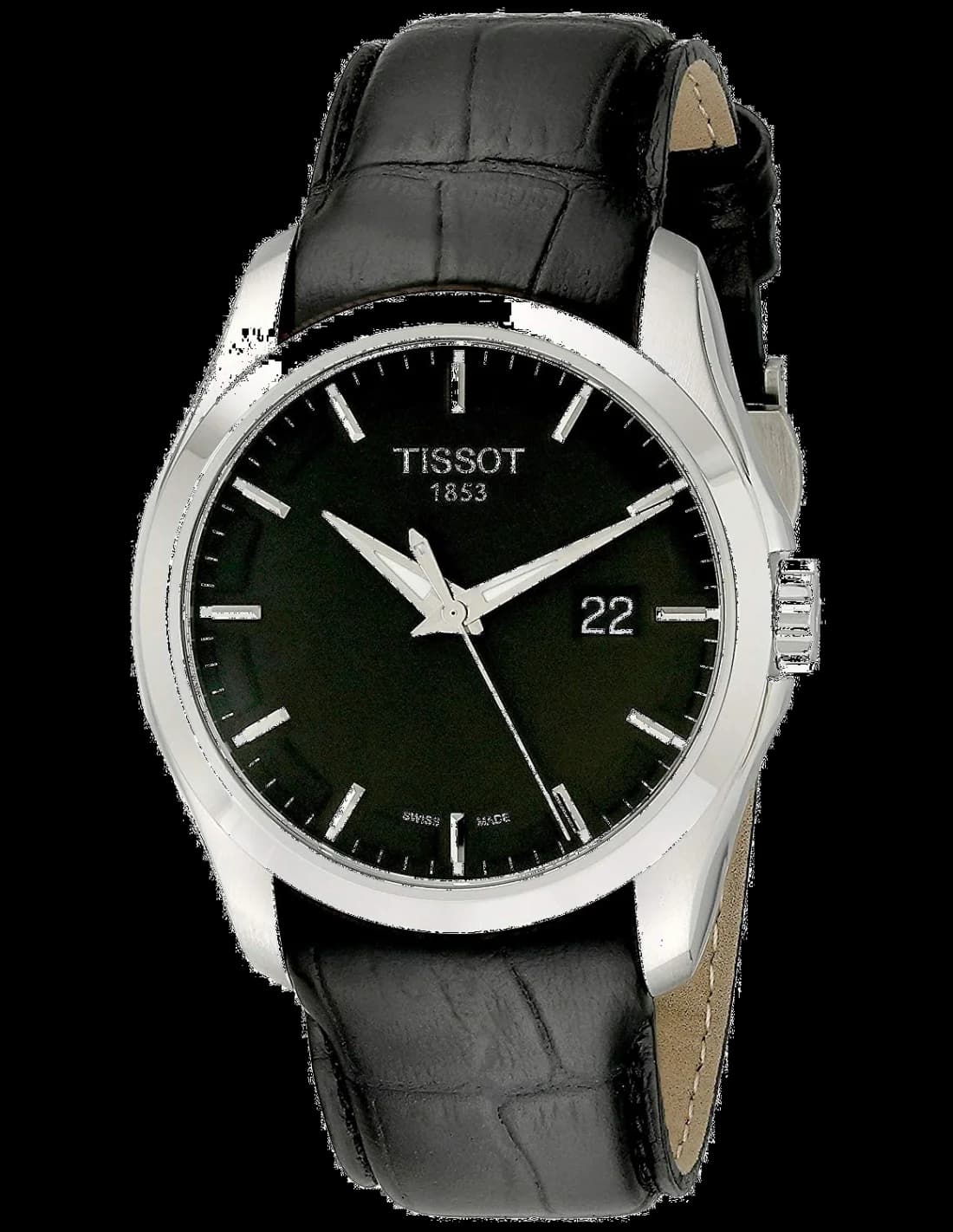 Garde-temps Tissot T0354101605100 affiche un cadran noir épuré avec aiguilles bâtons et index appliqués, style classique habillé