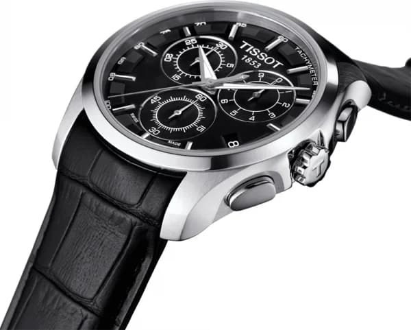 Attache bracelet Tissot T035.617.16.051.00 comportant bracelet cuir noir cousu, boucle ardillon acier inoxydable signée Tissot