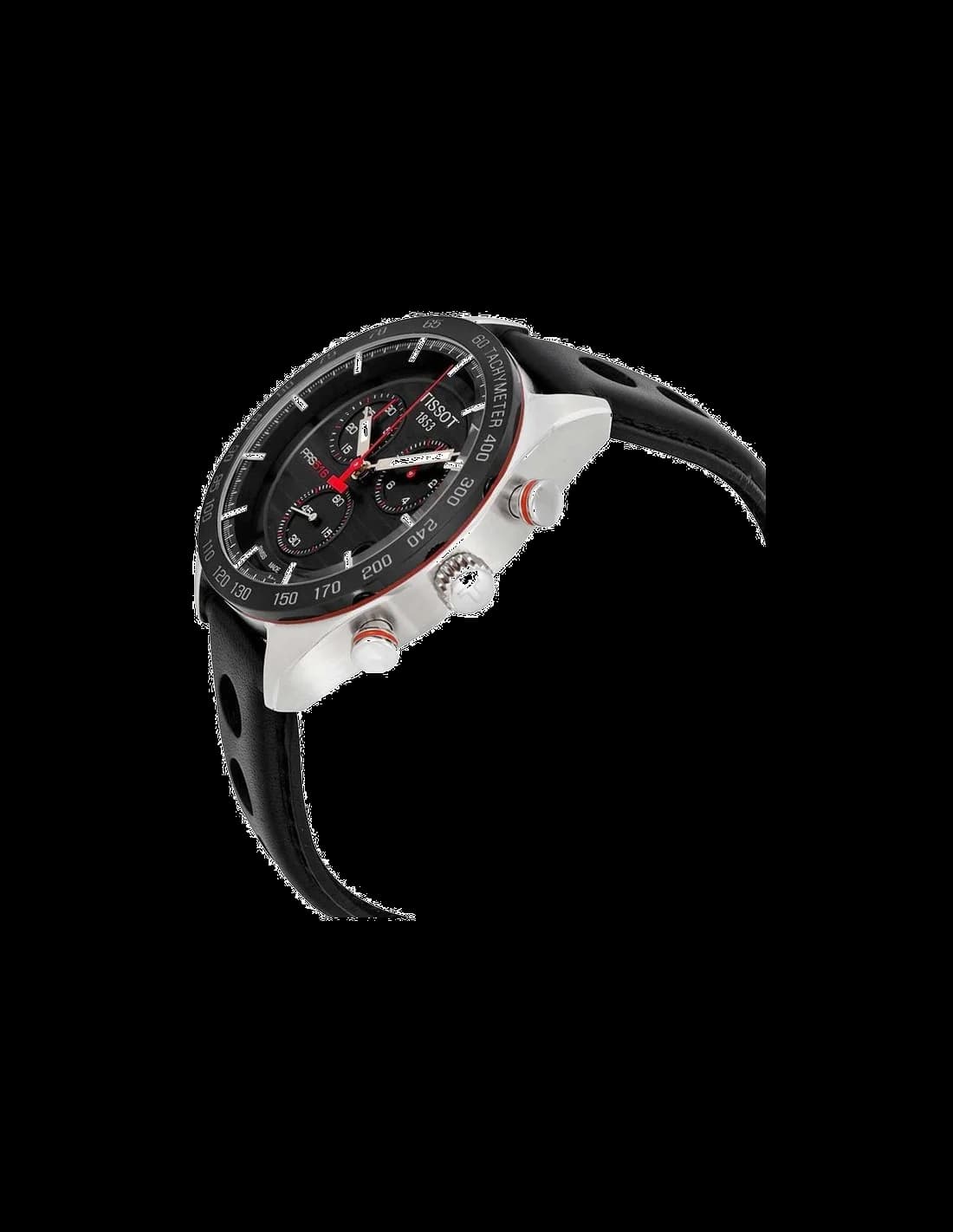 Attache bracelet Tissot T1004171605100 en cuir perforé noir surpiqué blanc, boucle déployante acier inoxydable