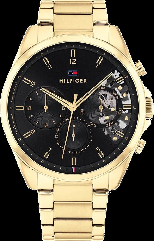 Garde-temps Tommy Hilfiger 1710447 avec cadran squelette doré, aiguilles index bâtons, fond ouvert sur mouvement automatique