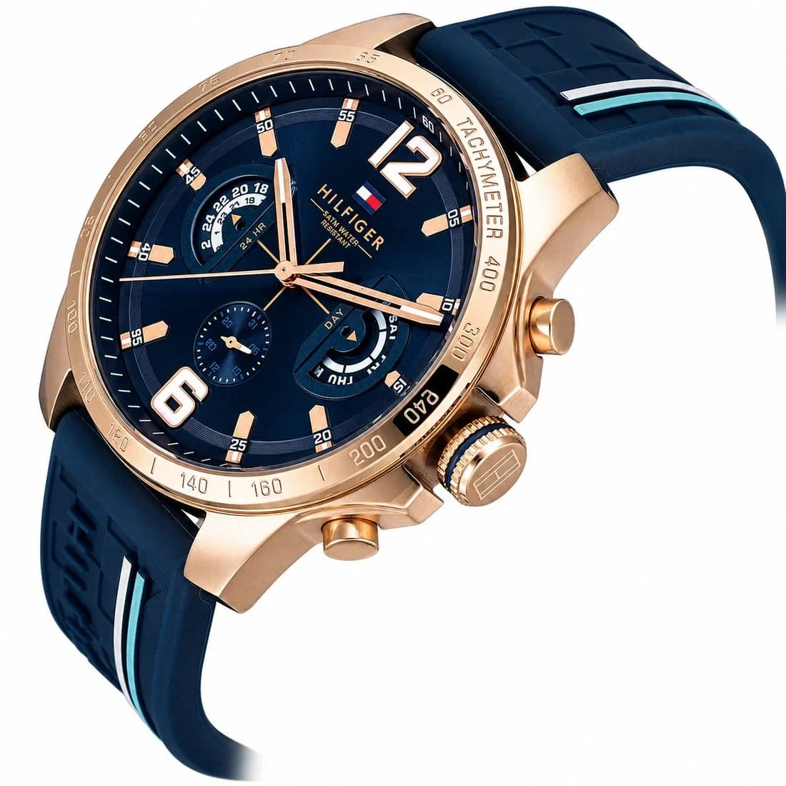 Visage cadran Tommy Hilfiger 1791474 avec index appliques bâtons, aiguilles dauphines dorées et guichet date à 3h