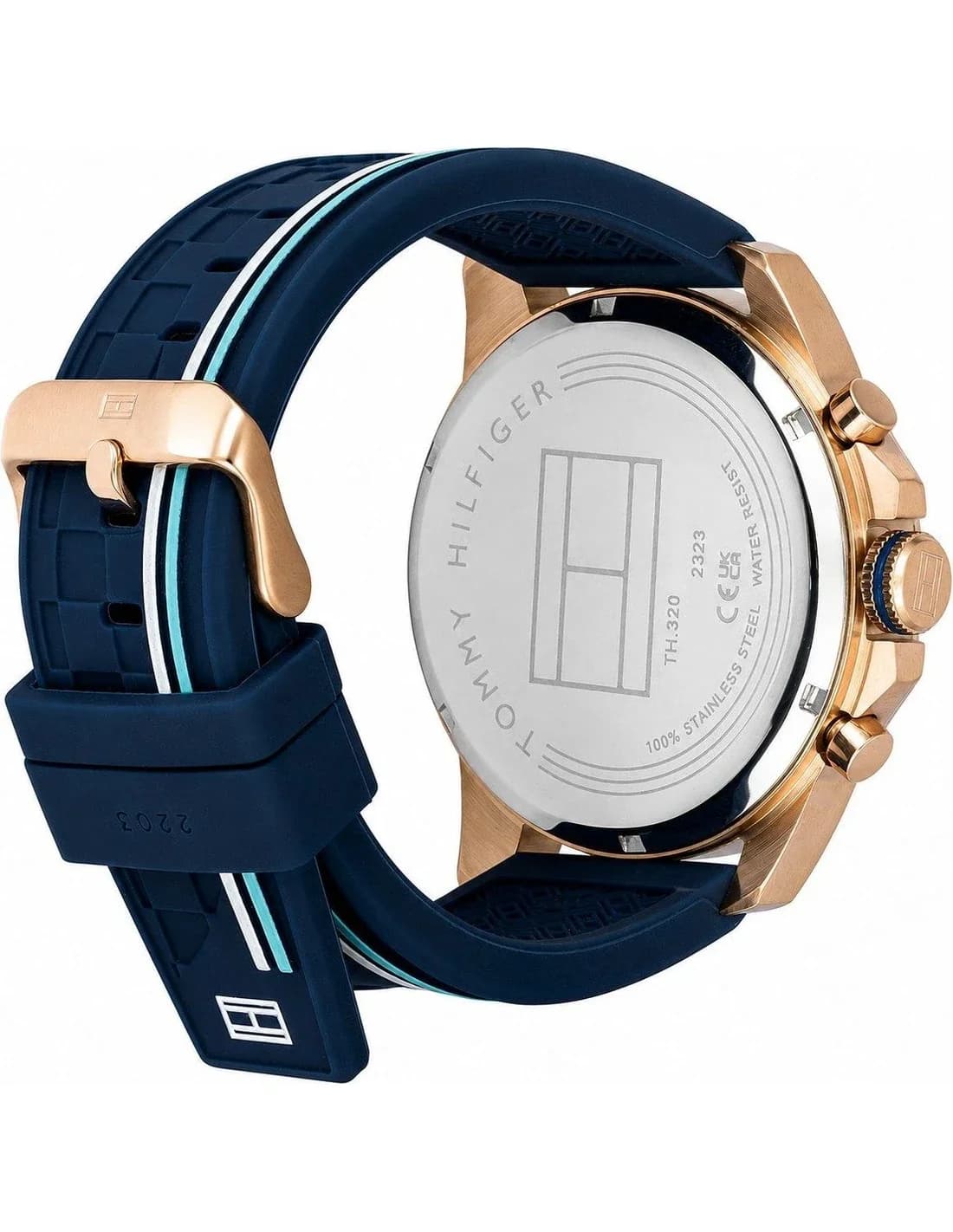 Attache bracelet Tommy Hilfiger 1791474 en silicone bleu texturé avec boucle ardillon en acier plaqué or rose