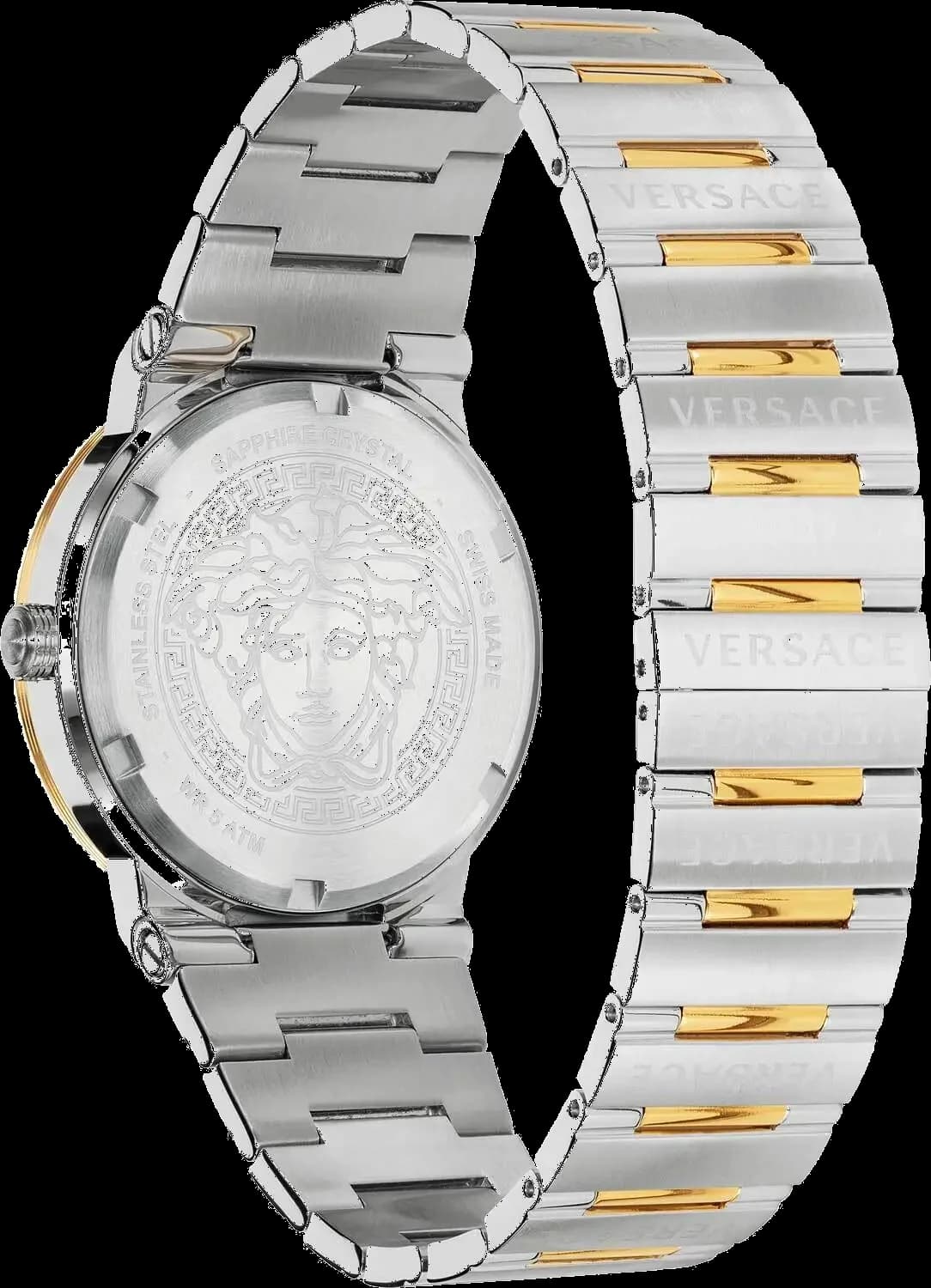 Attache bracelet Versace VEVI00420 en acier inoxydable doré, maillons Greca signature, fermoir déployant sécurisé