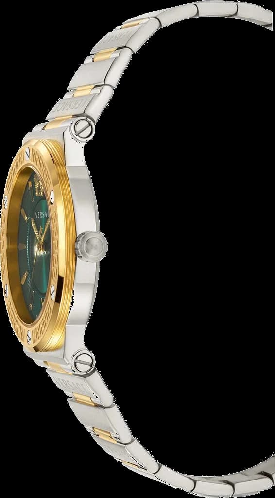 Visage cadran Versace VEVH00720 dévoile des index bâtons appliqués dorés et des aiguilles dauphine pour une lisibilité optimale