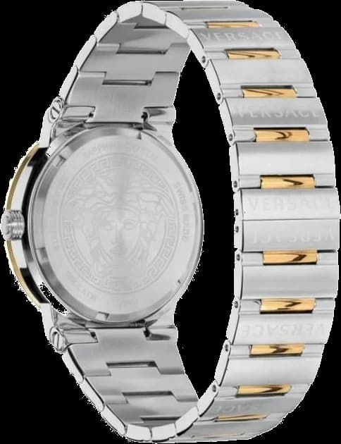 Attache bracelet Versace VEVH00720 en acier doré et maillons Greca assure un maintien sûr avec fermoir déployant