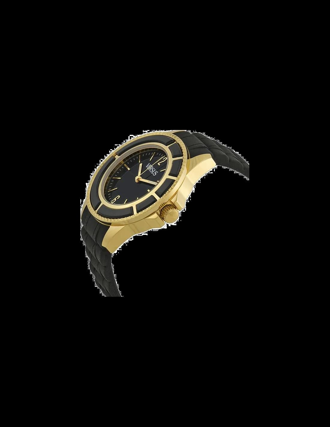 Visage cadran Versus by Versace AL13LBQ709A009 noir avec index bâtons polis et aiguilles trident, date à 3h, contraste élégant