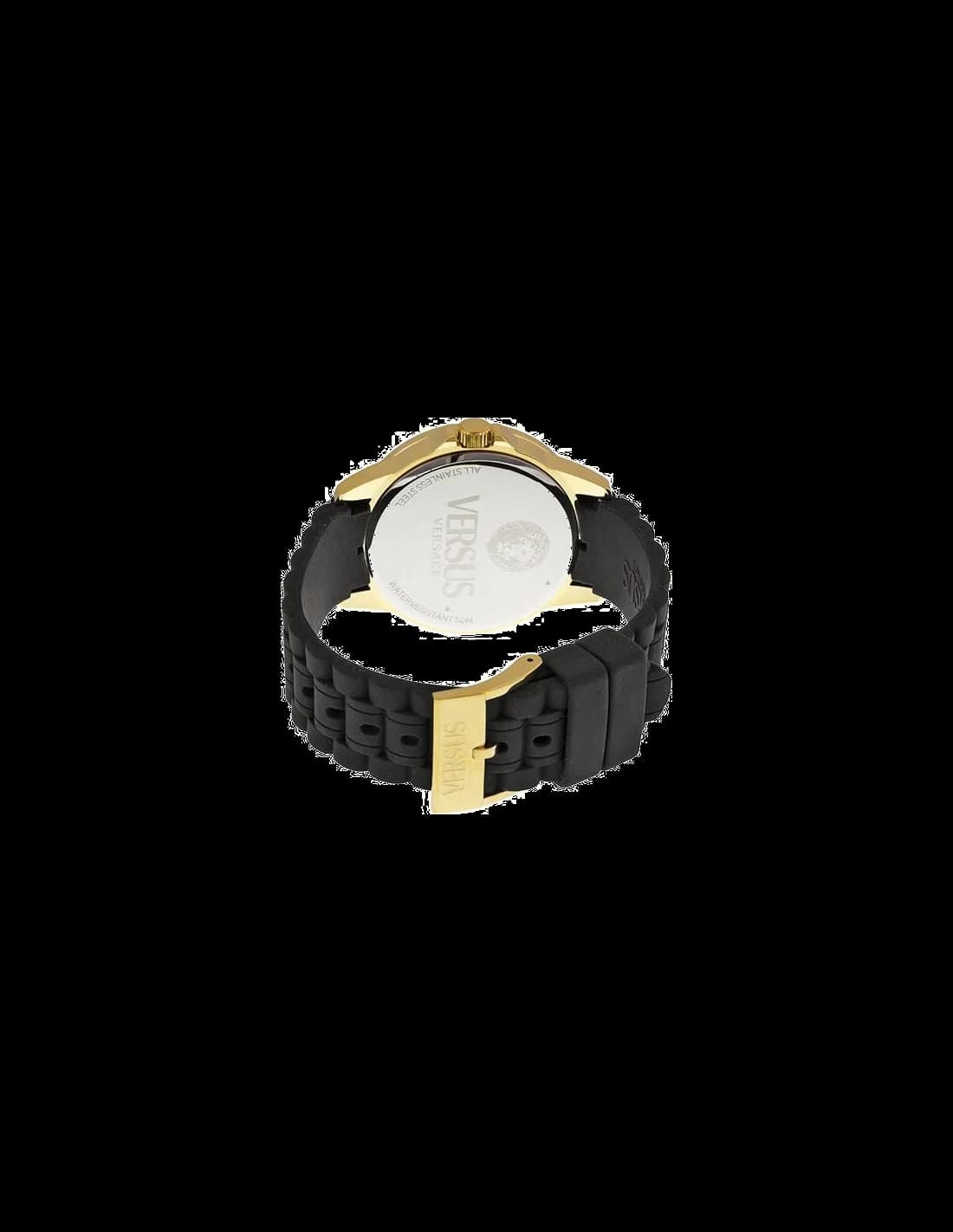 Attache bracelet Versus by Versace AL13LBQ709A009 en silicone noir avec motif Medusa en relief et boucle ardillon acier, confort et durabilité