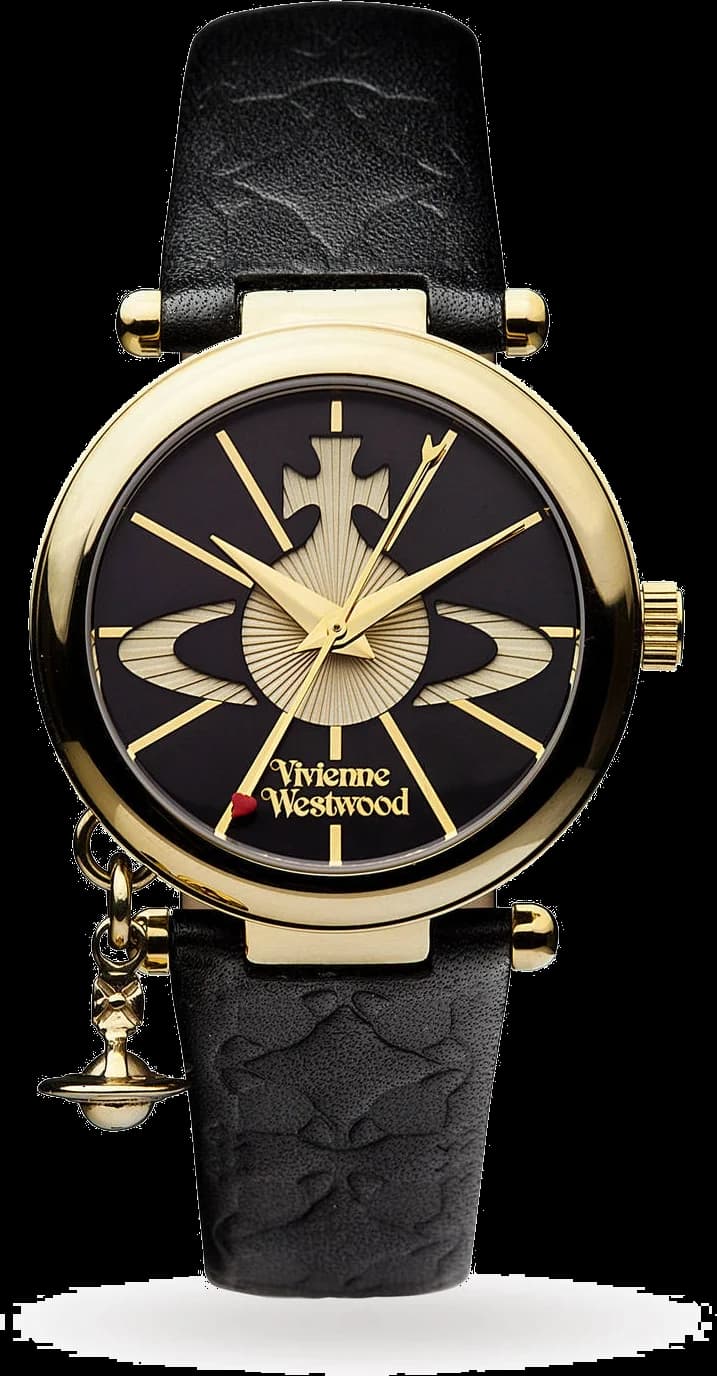 Montre Femme Vivienne Westwood Orb II - Boîtier or, cadran et bracelet cuir noir - Réf. VV006BKGD
