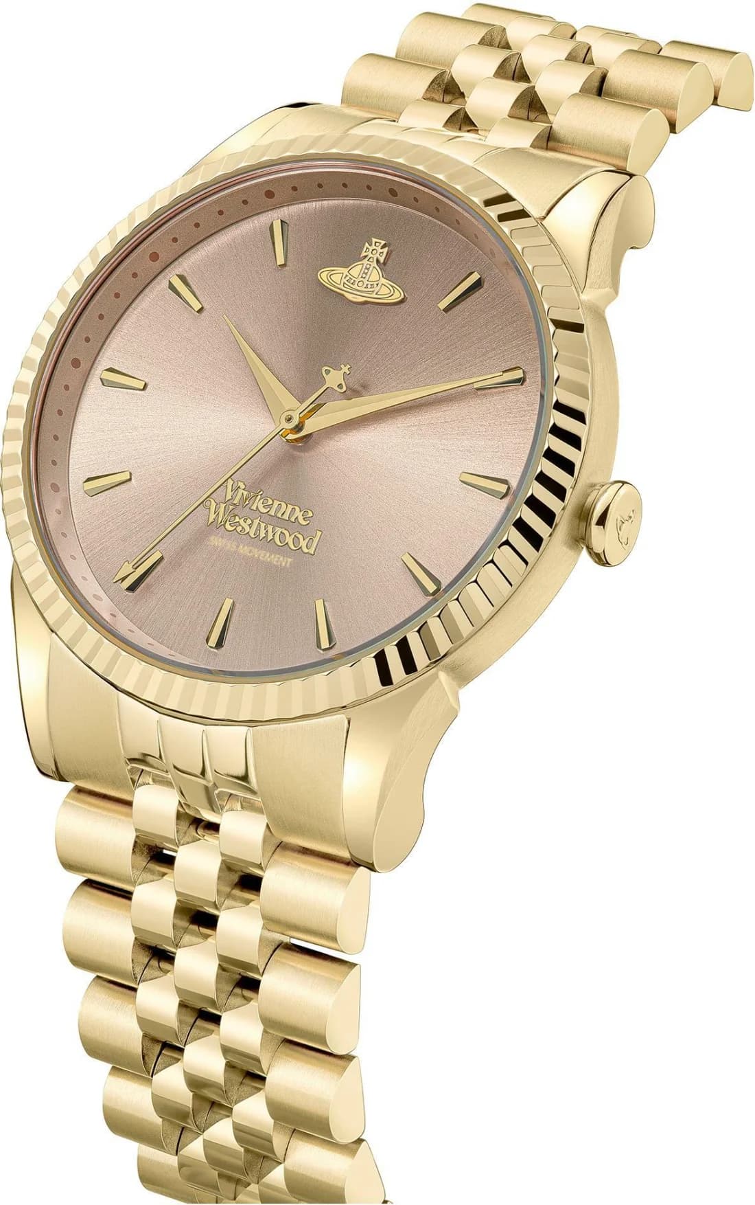 Visage cadran Vivienne Westwood VV240PKGD arborant index appliqués dorés et aiguilles dauphine sur fond rose, complications date et jour