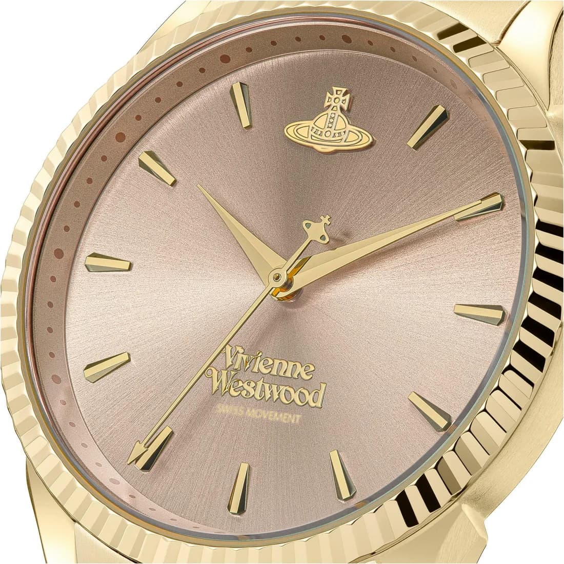 Attache bracelet Vivienne Westwood VV240PKGD en acier doré avec fermoir déployante gravé du logo, maille milanaise ajustable