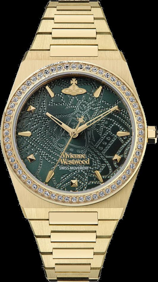 Garde-temps Vivienne Westwood VV244GDGR avec cadran vert soleil, aiguilles dorées et index bâtons pour une lisibilité élégante