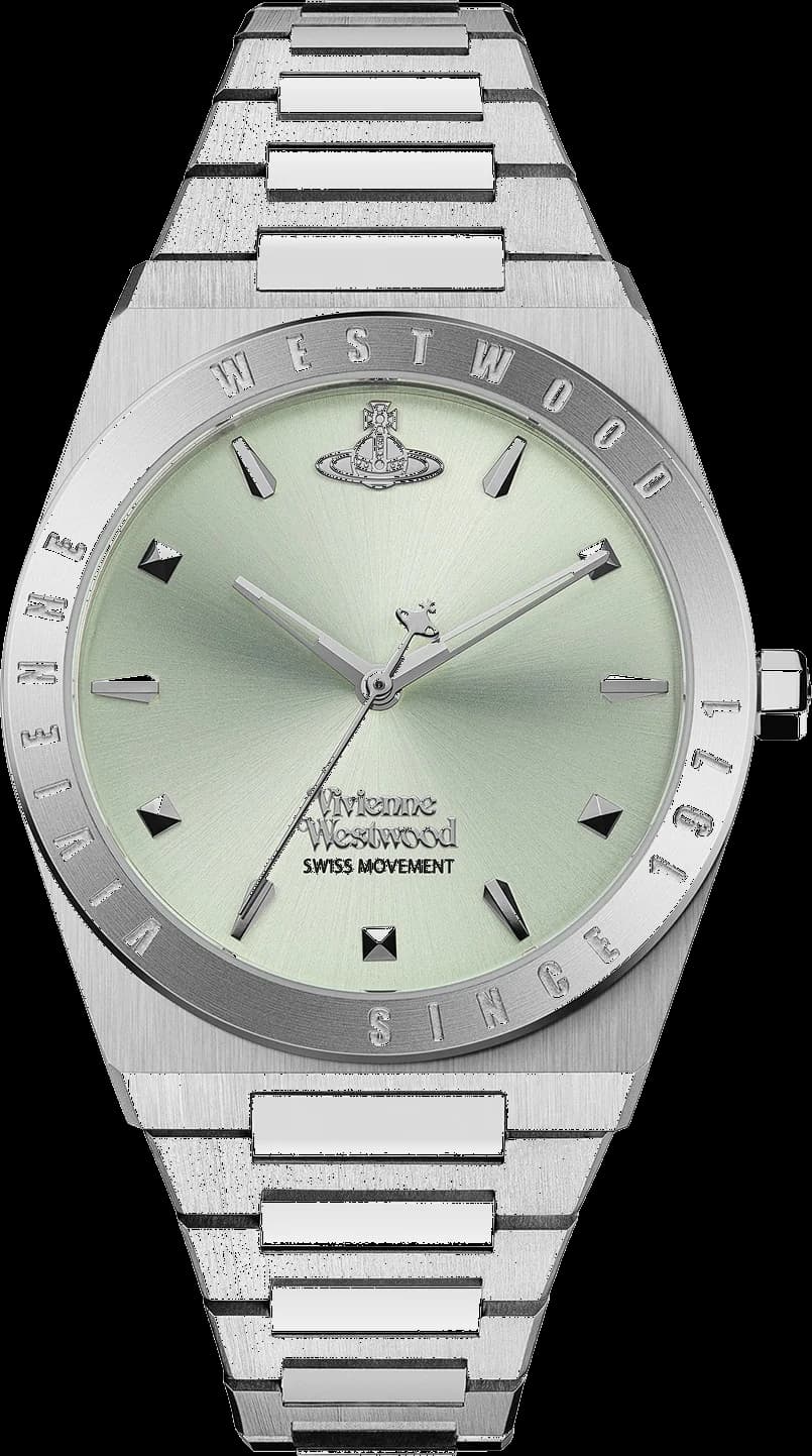 Garde-temps Vivienne Westwood VV244PGRSL au cadran vert soleil, aiguilles dorées et index bâtons
