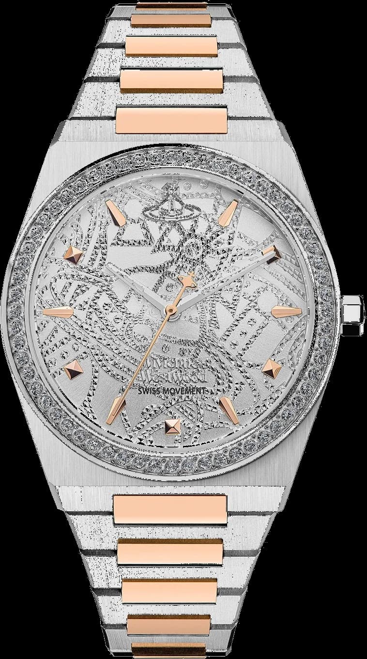Garde-temps Vivienne Westwood VV244WSSR avec cadran blanc et index bâtons, aiguilles dorées, style classique chic