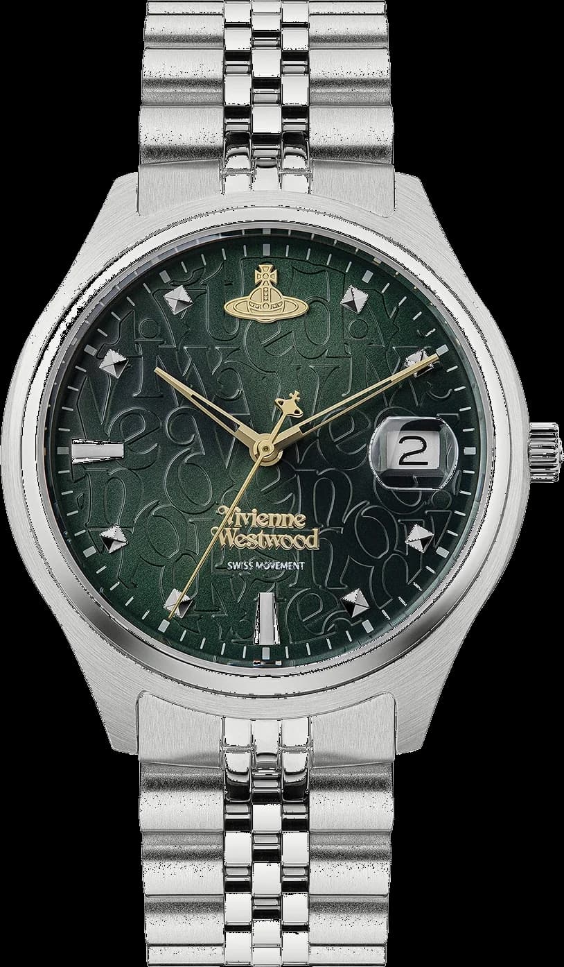 Garde-temps Vivienne Westwood VV261GRSL au cadran vert profond soleillé, index appliqués et aiguilles dauphine polies
