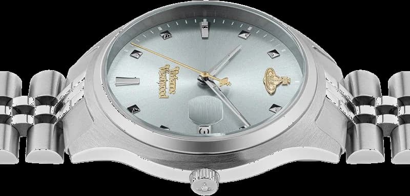 Visage cadran Vivienne Westwood VV261LBLSL aiguilles bâtons, index appliques, logo orbite à 12h, guichet date à 3h