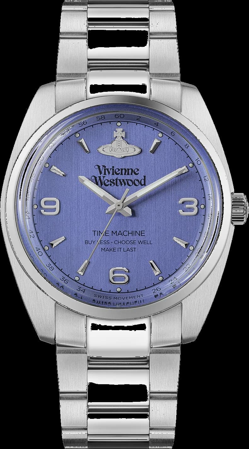 Garde-temps Vivienne Westwood VV274MBLSL affichant cadran violet soleillé avec index bâtons argentés et aiguilles dauphines polies