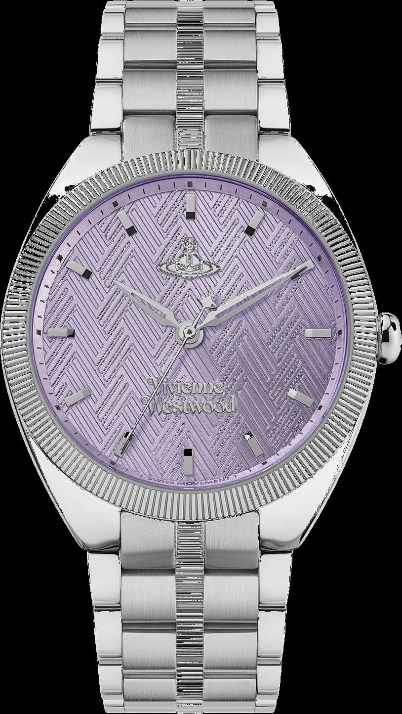 Garde-temps Vivienne Westwood VV281PPSL au cadran violet fumé, aiguilles dorées et index bâtons, style élégant