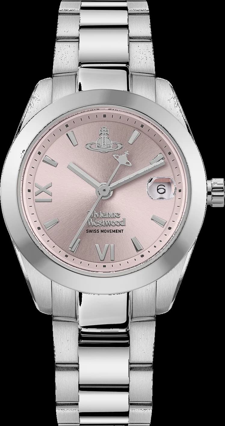 Garde-temps Vivienne Westwood VV292PKSL au cadran rose poudré et boîtier acier argenté, style élégant signature