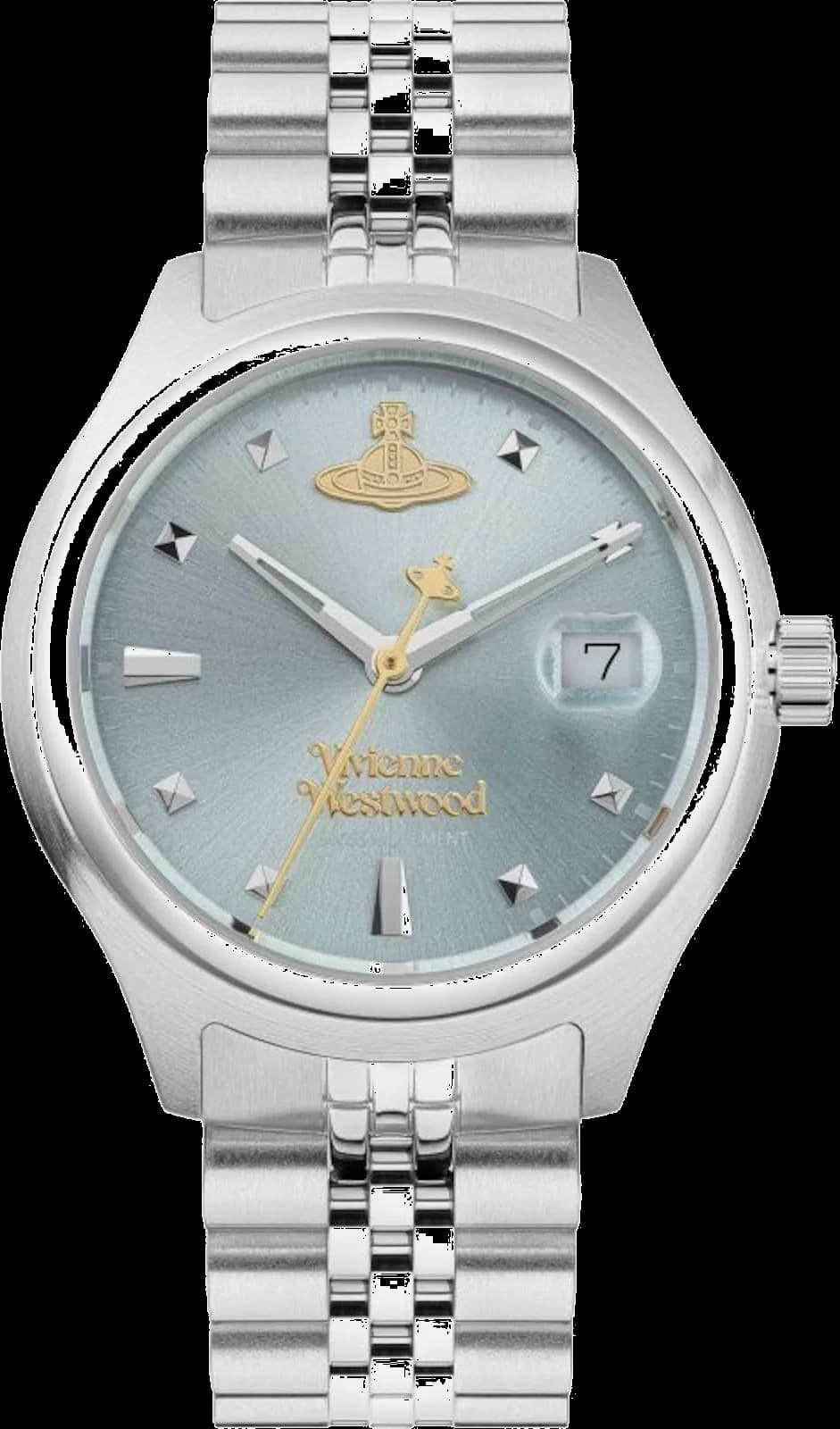 Garde-temps Vivienne Westwood VV311LBLSL au diamètre 28mm, cadran bleu soleil avec index bâtons et aiguilles argentées