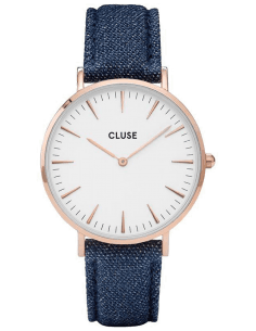 Montre Femme et Homme Cluse La Bohème CL18025 - Cadran Blanc, Boîtier Or Rose, Bracelet Denim Bleu