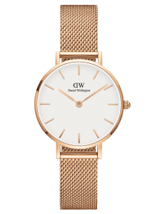 Montre Femme Daniel Wellington DW00100219 Classic Petite Melrose 28mm Cadran Blanc Bracelet Maille Milanaise Or Rose