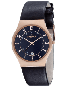 Montre Homme Skagen Réf. 233XXLRLB - Boîtier Or Rose, Cadran et Bracelet Cuir Noir