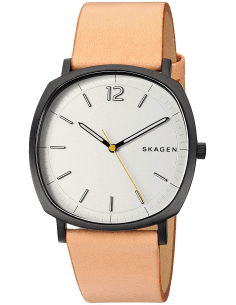 Montre Homme Skagen SKW6379 - Boîtier Coussin Noir, Cadran Blanc, Bracelet Cuir Marron