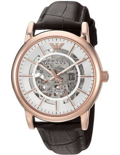 Montre Homme Emporio Armani AR60007 Automatique Squelette, Boîtier Or Rose, Cadran Blanc, Bracelet Cuir Marron