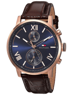 Montre Homme Tommy Hilfiger Alden 1791308 - Cadran Bleu, Boîtier Or Rose, Bracelet Cuir Marron