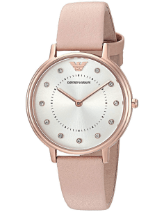 Montre Femme Emporio Armani AR2510 Boîtier Or Rose Cadran Argent Bracelet Cuir Nude