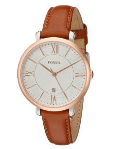 Montre Femme Fossil ES3842 - Cadran Argent, Boîtier Or Rose, Bracelet Cuir Marron Fin