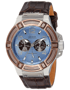 Montre Homme Guess W0040G10 - Cadran Bleu, Bracelet Cuir Marron