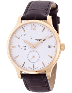 Montre Homme Tissot Tradition GMT T0636393603700, Boîtier Or Rose, Cadran Blanc, Bracelet Cuir Brun