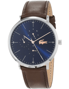 Montre Homme Lacoste Moon 2010976 - Cadran Bleu, Boîtier Acier Argenté, Bracelet Cuir Marron
