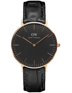 Montre Daniel Wellington Classic Black DW00100141 - Cadran noir, bracelet cuir noir, or rose - Pour femme