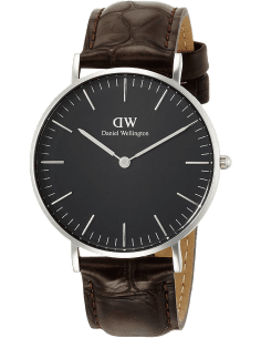 Montre Daniel Wellington DW00100146 pour Femme, Cadran Noir, Boîtier Argent, Bracelet Cuir Marron