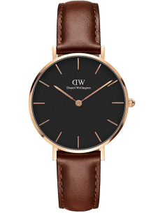 Montre Femme Daniel Wellington DW00100169 Cadran Noir Boîtier Or Rose Bracelet Cuir Marron