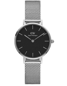Montre Femme Daniel Wellington Classic Petite DW00100218, Cadran Noir 28 mm, Bracelet Milanese Argent