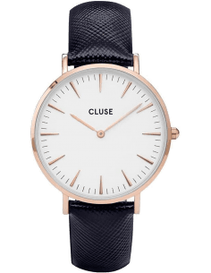 Montre Cluse La Bohème CL18029 - Boîtier or rose, cadran blanc, bracelet cuir bleu - Unisexe