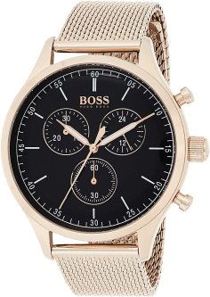 Montre Homme Hugo Boss 1513548, Boîtier Or Rose 44mm, Cadran Noir, Bracelet Maille Milanaise