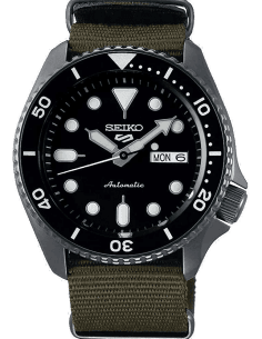 Montre Seiko 5 SRPD65K4 Automatique Homme - Boîtier Nylon Noir, Cadran Noir, Bracelet NATO Vert