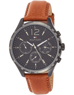 Montre Homme Tommy Hilfiger 1791470 - Cadran Bleu Soleillé, Boîtier Noir Acier, Bracelet Cuir Brun